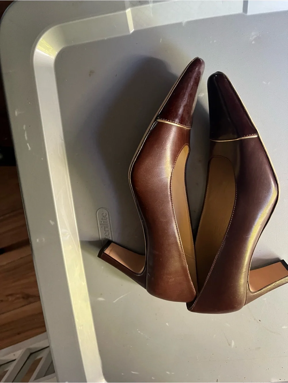 Amalfi Burgundy Brown Square-Toe Leather Flats with Gold Trim